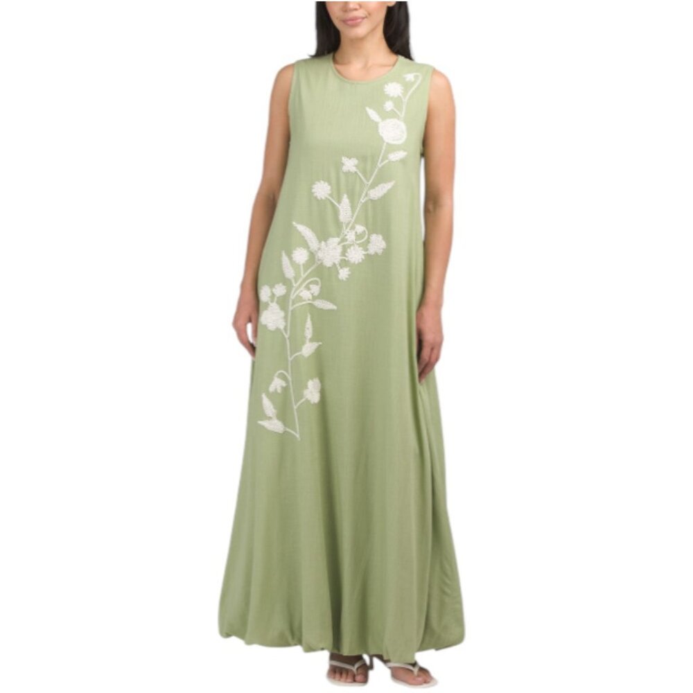 SOLITAIRE Linen Blend Sleeveless Embroidered Floral Bubble Hem Maxi Dress